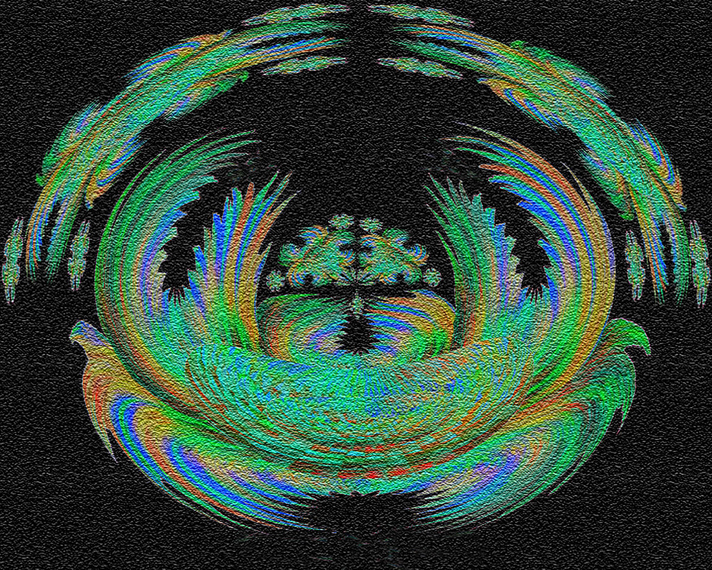 A frog-like figure in green blues and golds crouches a laurels on a black course background