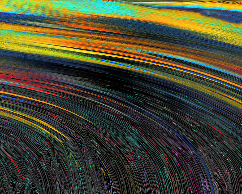 A dark river streaked with star color falls