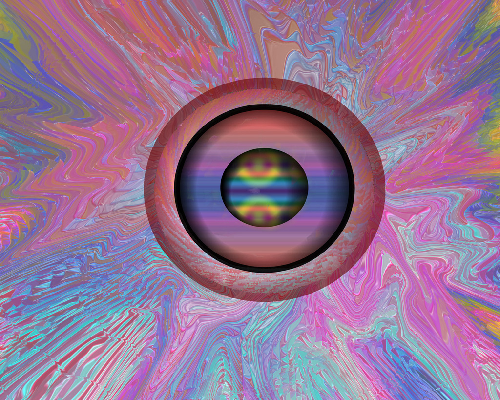 concentric circles pinks blues and yellow before a random background