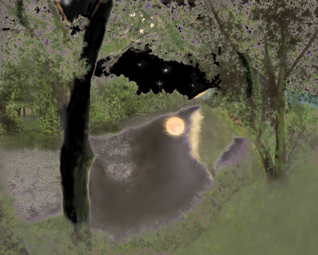 Digital painting of a lazy river in New Hampshire on a moonlit night